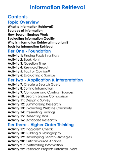 Information Retrieval Worksheet Activity Booklet