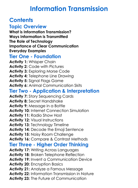 Information Transmission Worksheet Activity Booklet