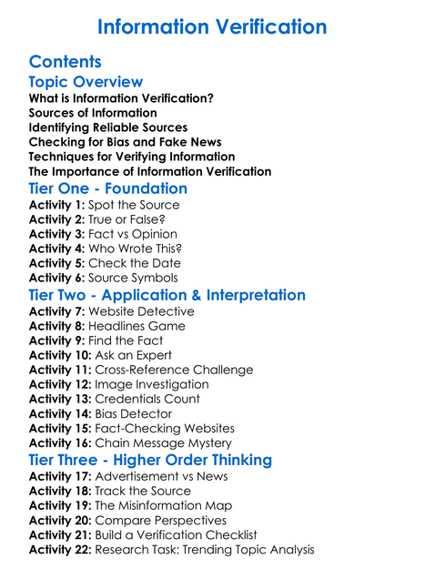 Information Verification Worksheet Activity Booklet