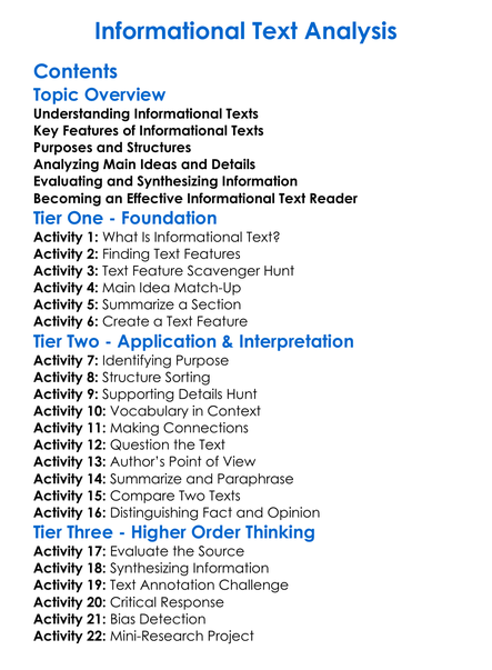 Informational Text Analysis Worksheet Activity Booklet