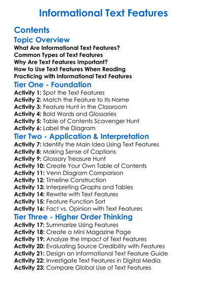 Informational Text Features Worksheet Activity Booklet
