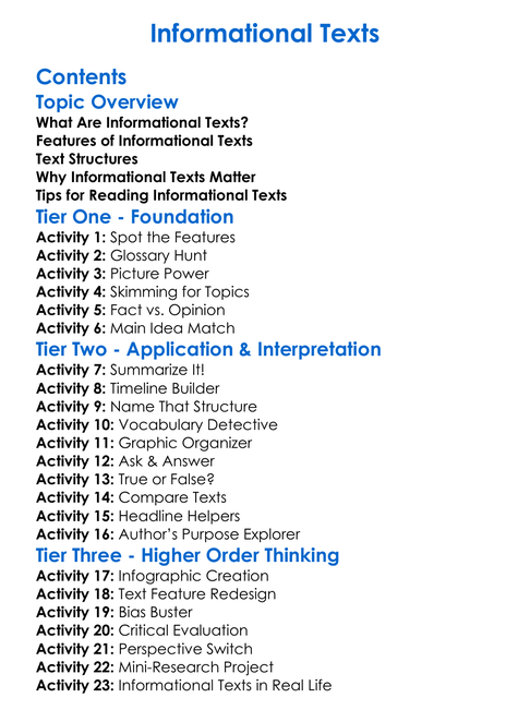 Informational Texts Worksheet Activity Booklet