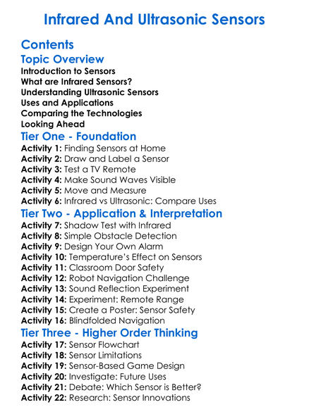 Infrared And Ultrasonic Sensors Worksheet Activity Booklet