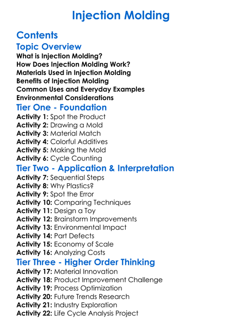 Injection Molding Worksheet Activity Booklet