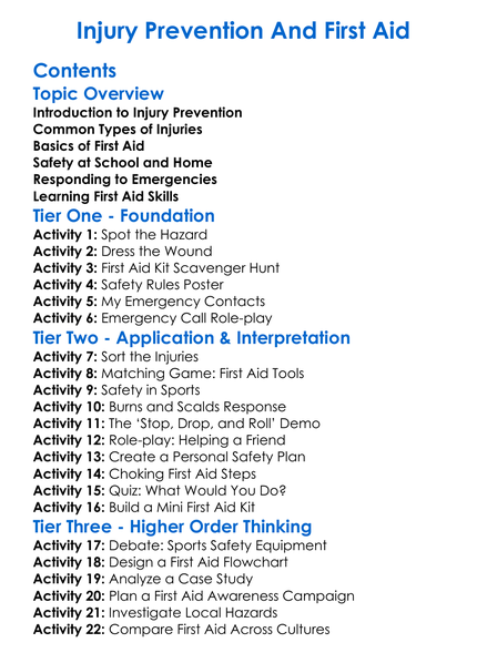 Injury Prevention And First Aid Worksheet Activity Booklet