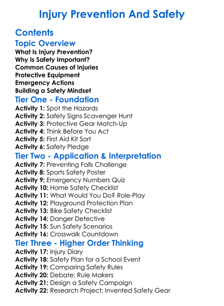 Injury Prevention And Safety Worksheet Activity Booklet