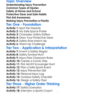 Injury Prevention Worksheet Activity Booklet