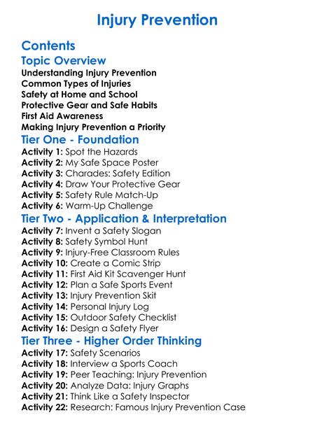 Injury Prevention Worksheet Activity Booklet