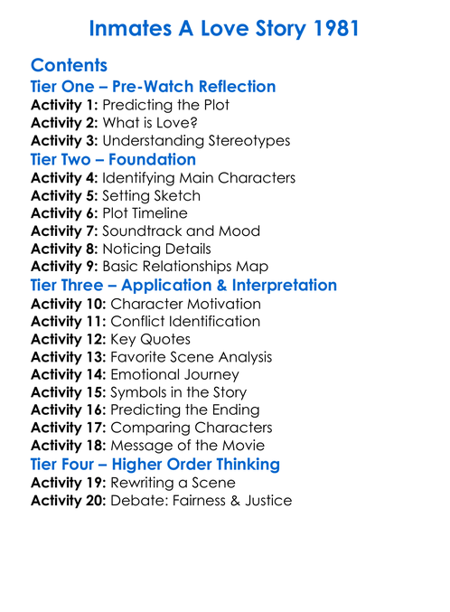 Inmates A Love Story 1981 Worksheet Activity Booklet