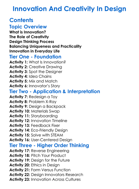 Innovation And Creativity In Design Worksheet Activity Booklet