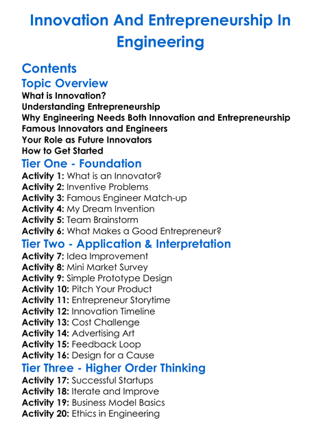 Innovation And Entrepreneurship In Engineering Worksheet Activity Booklet