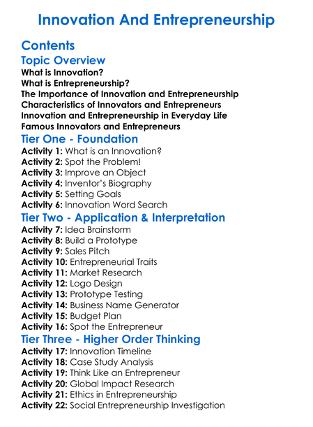 Innovation And Entrepreneurship Worksheet Activity Booklet