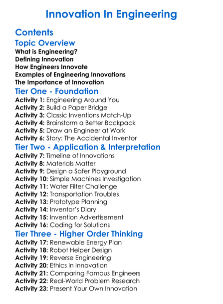 Innovation In Engineering Worksheet Activity Booklet