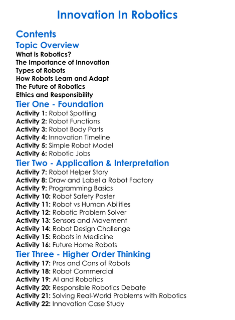 Innovation In Robotics Worksheet Activity Booklet