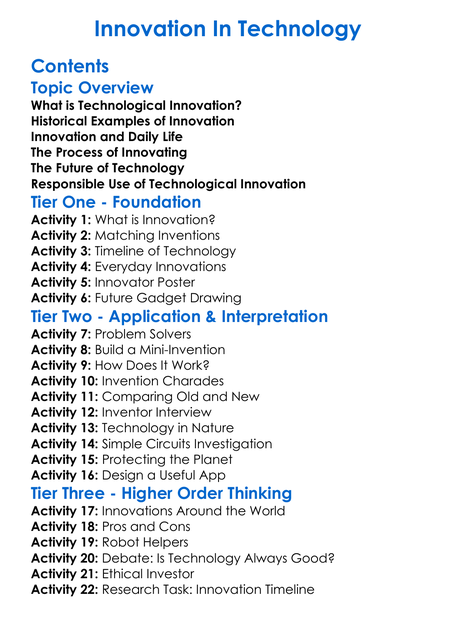 Innovation In Technology Worksheet Activity Booklet
