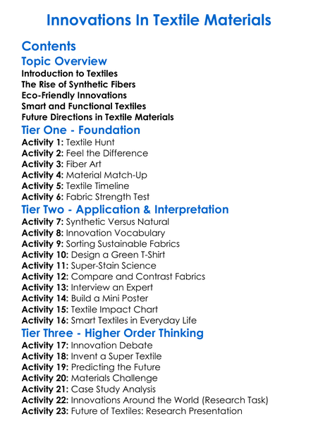Innovations In Textile Materials Worksheet Activity Booklet