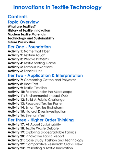 Innovations In Textile Technology Worksheet Activity Booklet