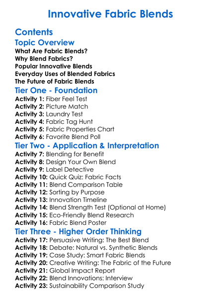 Innovative Fabric Blends Worksheet Activity Booklet