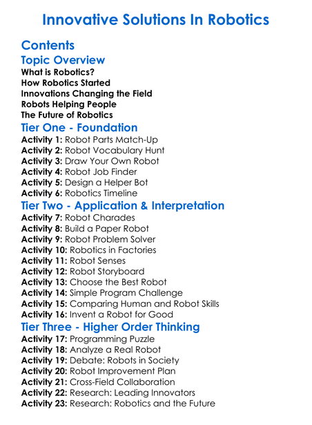 Innovative Solutions In Robotics Worksheet Activity Booklet