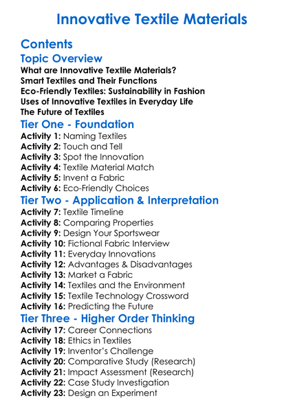 Innovative Textile Materials Worksheet Activity Booklet