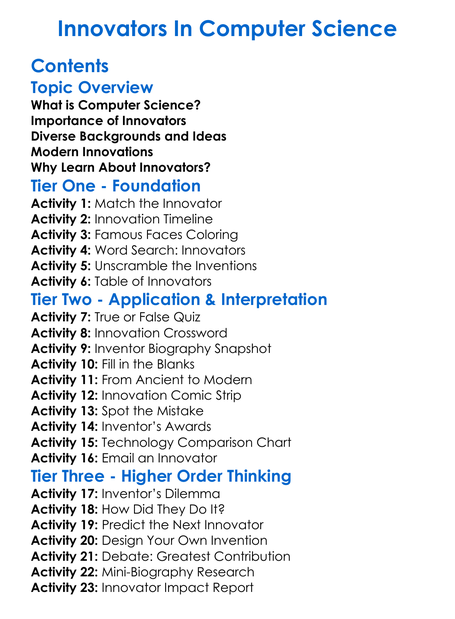 Innovators In Computer Science Worksheet Activity Booklet