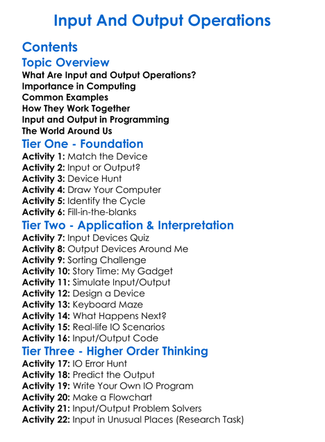 Input And Output Operations Worksheet Activity Booklet