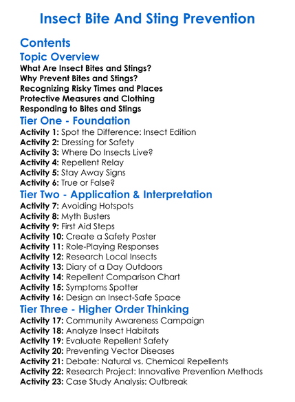 Insect Bite And Sting Prevention Worksheet Activity Booklet