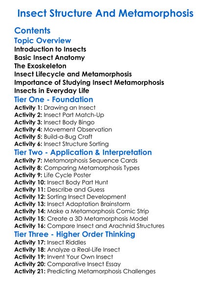 Insect Structure And Metamorphosis Worksheet Activity Booklet