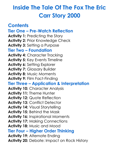 Inside The Tale Of The Fox The Eric Carr Story 2000 Worksheet Activity Booklet