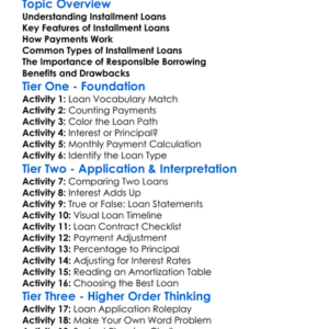 Installment Loans Worksheet Activity Booklet