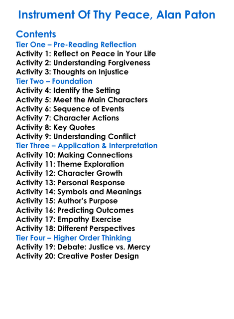 Instrument Of Thy Peace Alan Paton Worksheet Activity Booklet