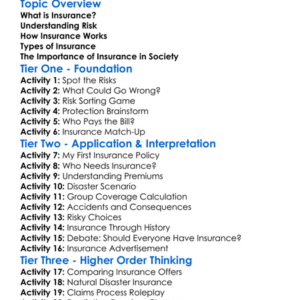 Insurance And Risk Worksheet Activity Booklet