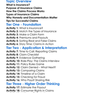 Insurance Claims Worksheet Activity Booklet