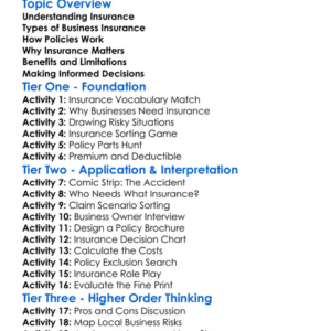 Insurance For Business Worksheet Activity Booklet