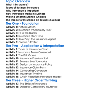 Insurance In Business Worksheet Activity Booklet