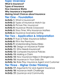 Insurance Worksheet Activity Booklet