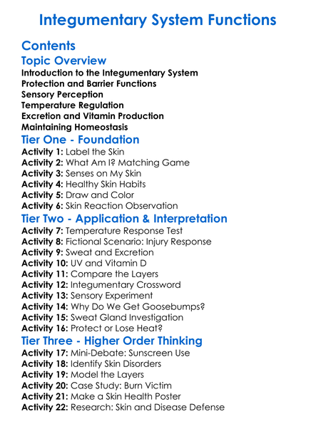 Integumentary System Functions Worksheet Activity Booklet