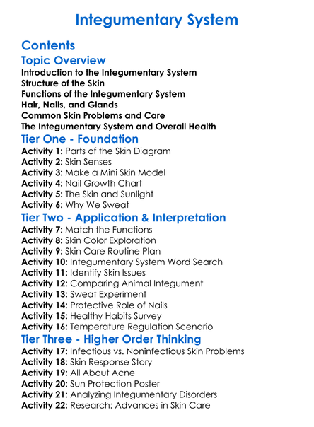 Integumentary System Worksheet Activity Booklet