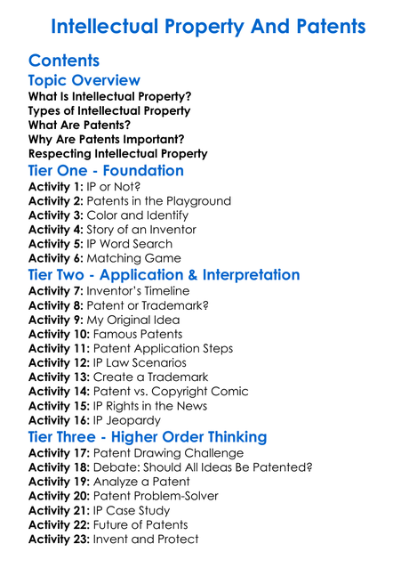 Intellectual Property And Patents Worksheet Activity Booklet