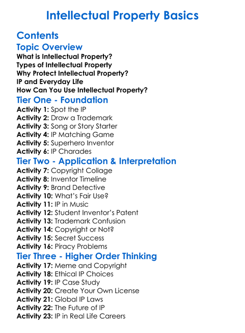 Intellectual Property Basics Worksheet Activity Booklet