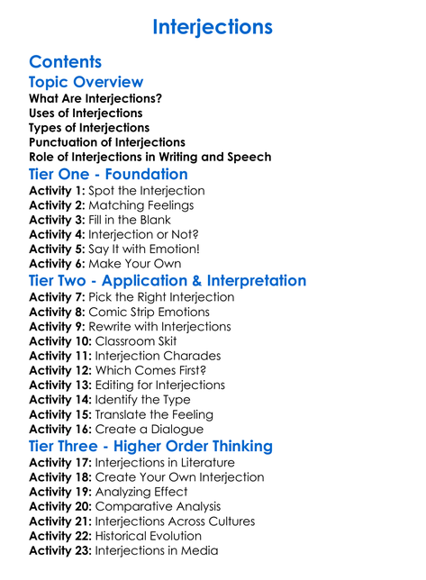 Interjections Worksheet Activity Booklet