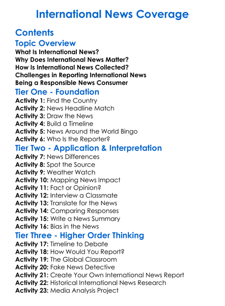International News Coverage Worksheet Activity Booklet