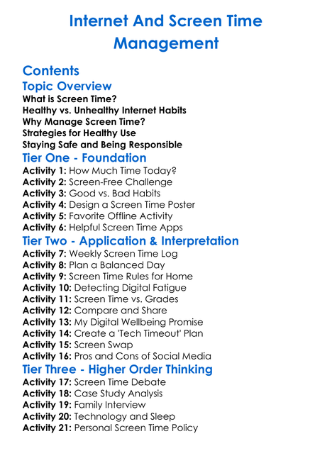 Internet And Screen Time Management Worksheet Activity Booklet