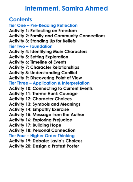 Internment Samira Ahmed Worksheet Activity Booklet