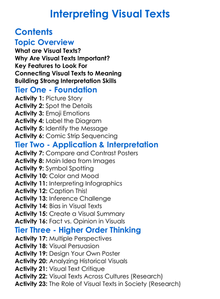 Interpreting Visual Texts Worksheet Activity Booklet