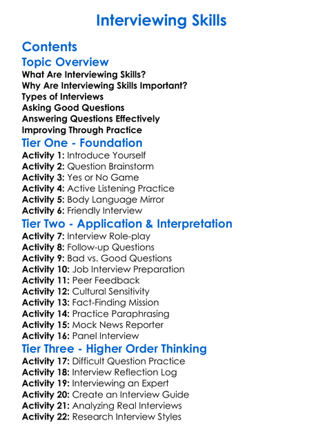 Interviewing Skills Worksheet Activity Booklet