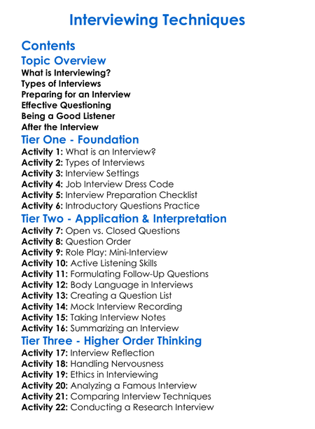 Interviewing Techniques Worksheet Activity Booklet