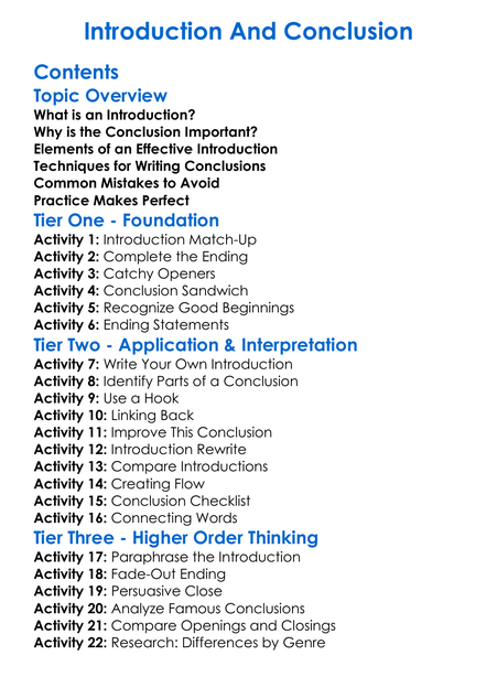 Introduction And Conclusion Worksheet Activity Booklet