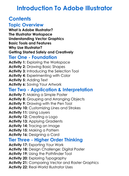 Introduction To Adobe Illustrator Worksheet Activity Booklet