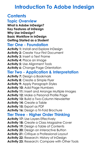 Introduction To Adobe Indesign Worksheet Activity Booklet